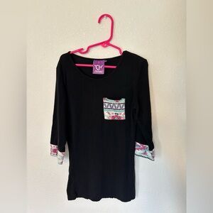 Girls Black Shirt with Tribal Patterned Pocket